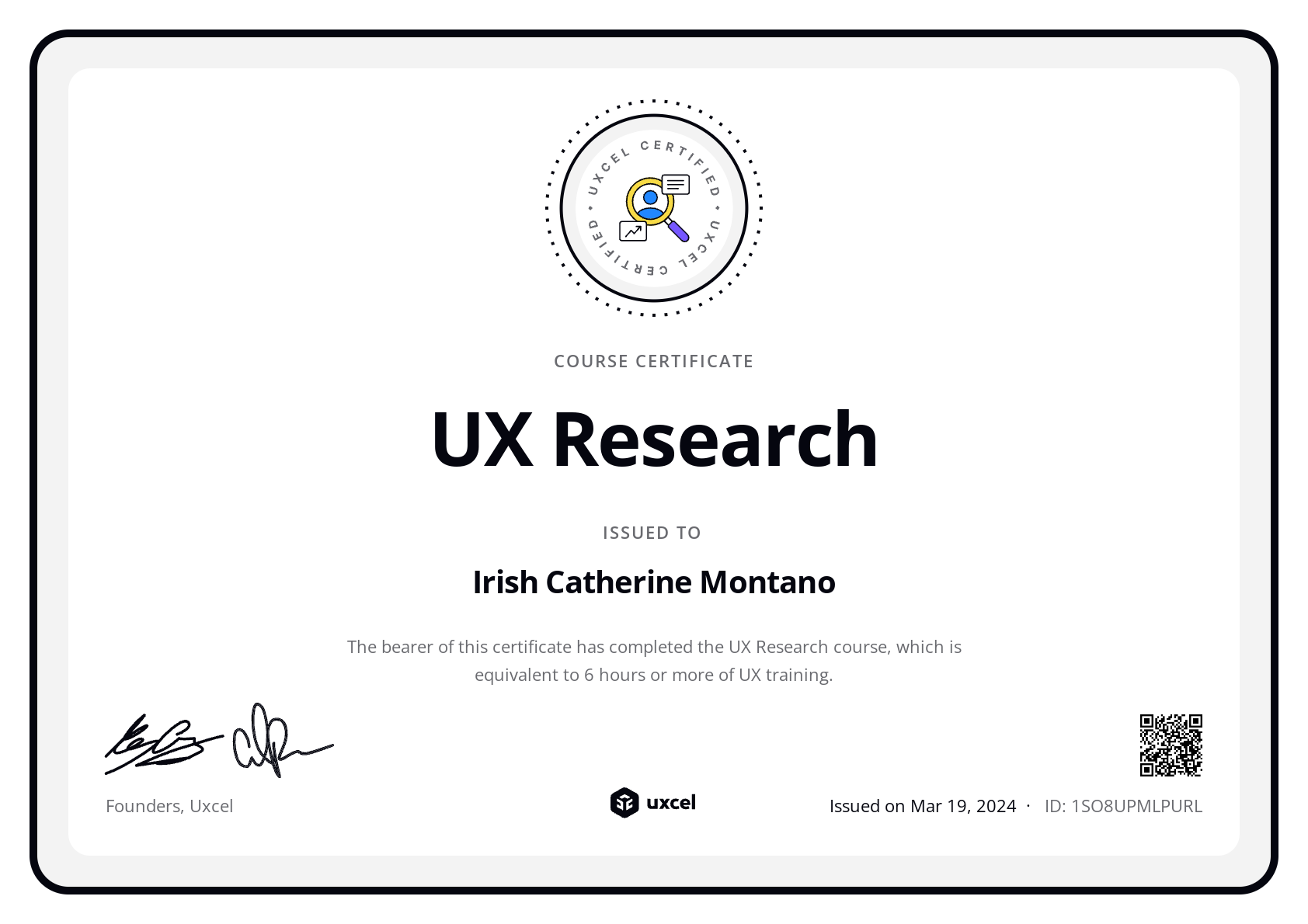 Irish Catherine Montano's certificate